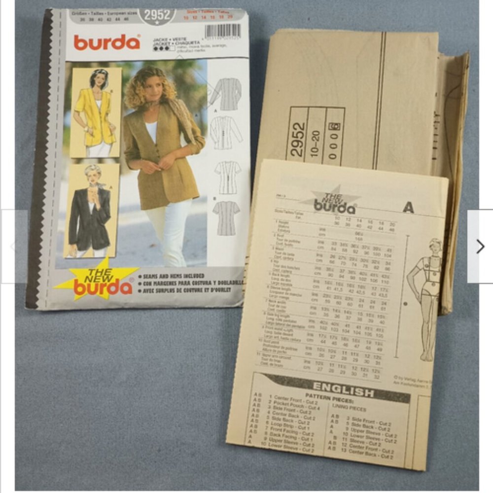 Bust 33-41 Burda 2952 Jacket Blazer Pocket Sewing Pattern English French Spanish